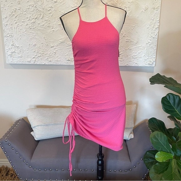 Lulu's Break the Rules Pink Ruched Asymmetrical Midi Dress Sleeveless Sz S - Picture 2 of 10